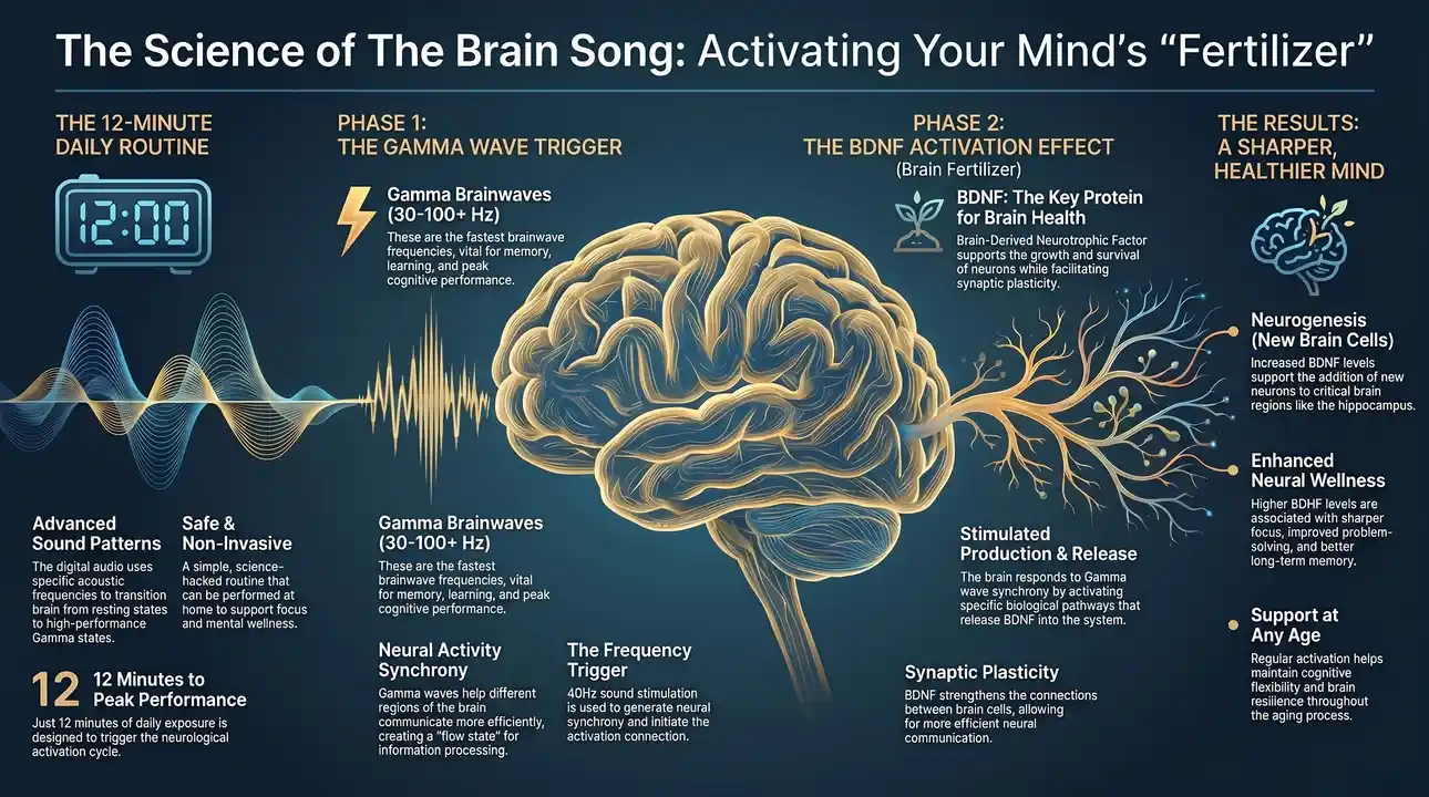 Infographic explaining Gamma brainwaves and BDNF activation by The Brain Song