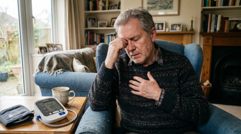 Älterer Mann leidet unter den Symptomen von hohem Blutdruck und Erschöpfung