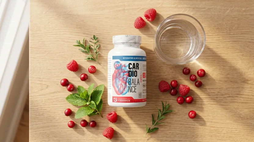 Cardio Balance natürliche Kapseln zur Blutdruckregulierung auf einem Holztisch