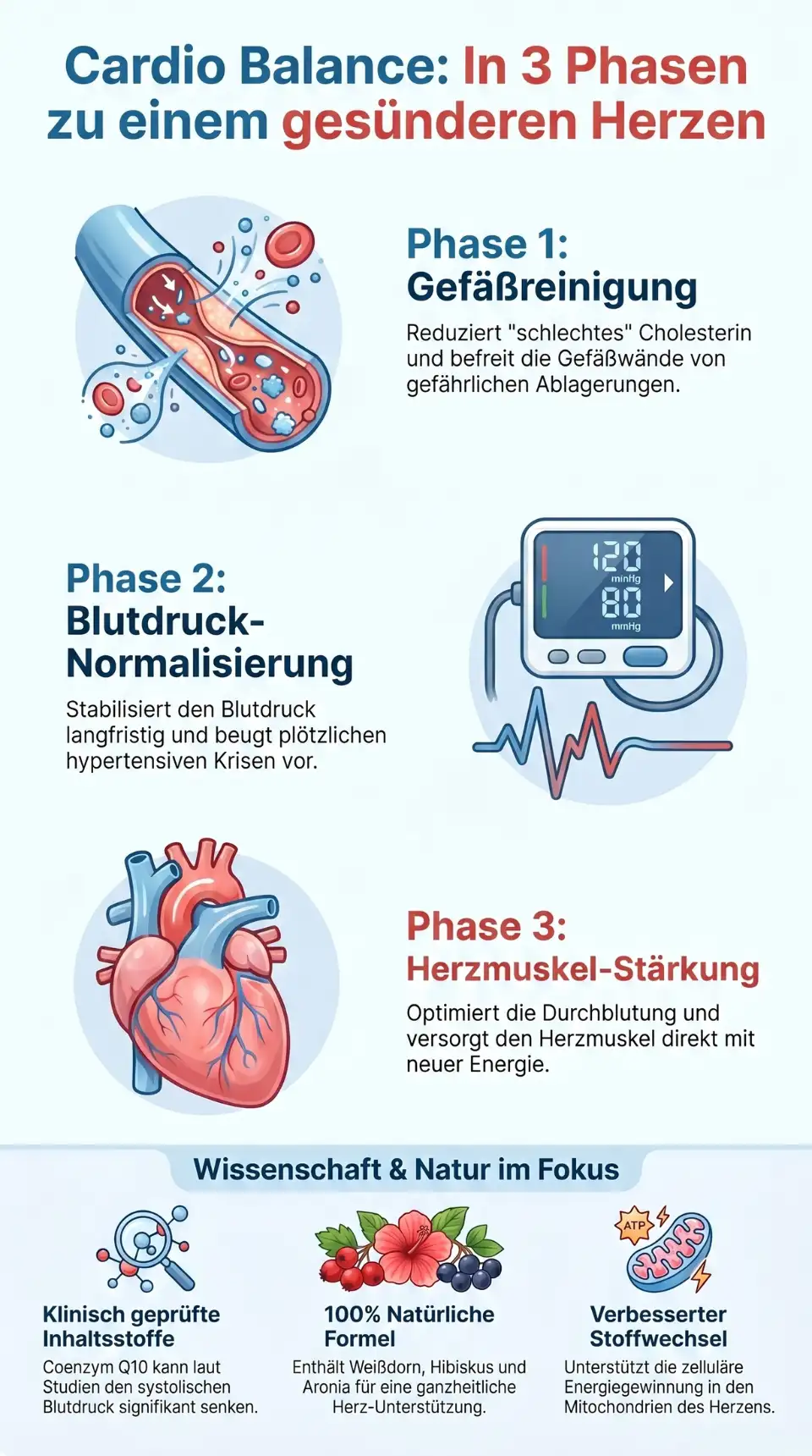 Infografik der 3 Phasen der Cardio Balance Wirkung: Gefäße reinigen, Blutdruck normalisieren, Herzmuskel stärken