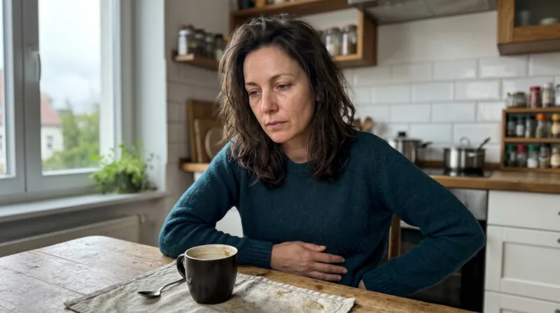 Erschöpfte Frau mit Bauchbeschwerden und innerer Belastung