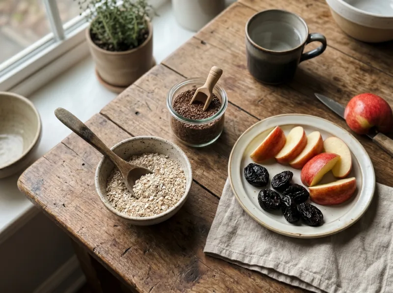 Natürliche Inhaltsstoffe von CleanseSana wie Haferkleie, Leinsamen und Apfelpektin