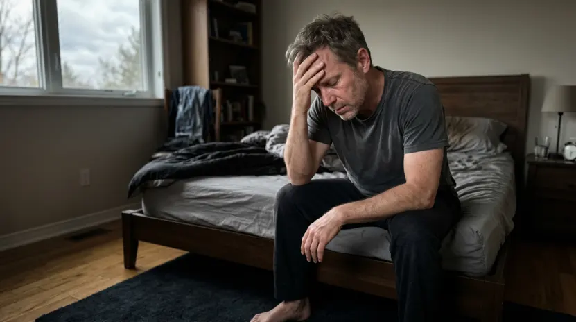 Ein älterer Mann sitzt frustriert auf dem Bett und leidet unter Potenzproblemen