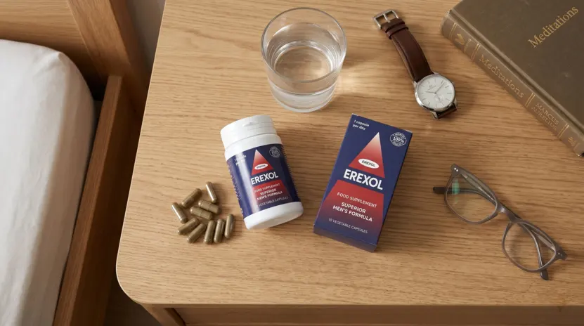 Erexol natürliche Kapseln für die männliche Gesundheit auf einem Nachttisch