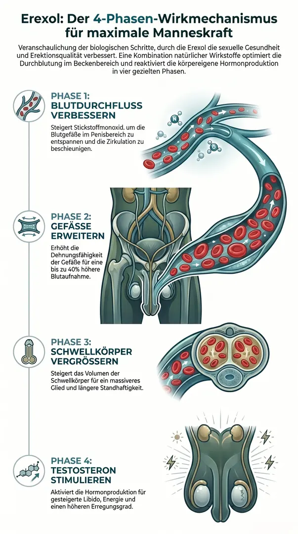 Infografik der 4 Phasen der Erexol Wirkung: Blutdurchfluss verbessern, Gefäße erweitern, Schwellkörper vergrößern, Testosteron stimulieren