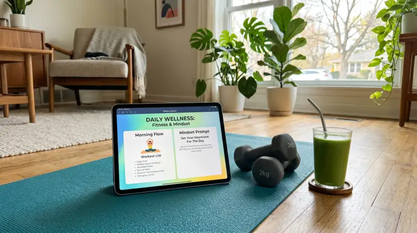 Das Ultimate Growth Fitness Bundle auf einem Tablet neben einer Fitnessmatte