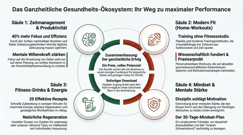Infografik der vier Säulen des Ultimate Growth Bundles Mindset und Fitness