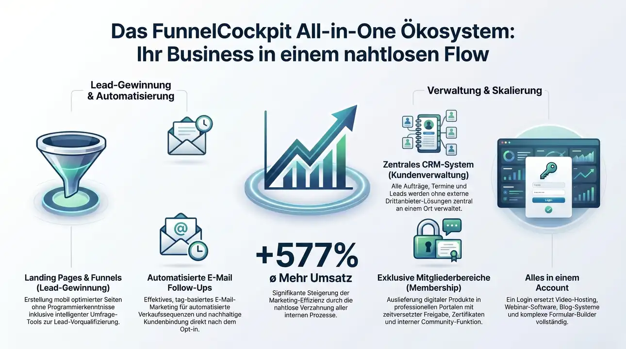 Infografik des FunnelCockpit All-in-One Marketing Ökosystems