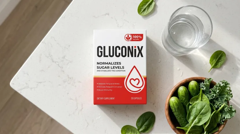 Gluconix natürliche Kapseln zur Blutzuckerregulierung auf einem Küchentisch