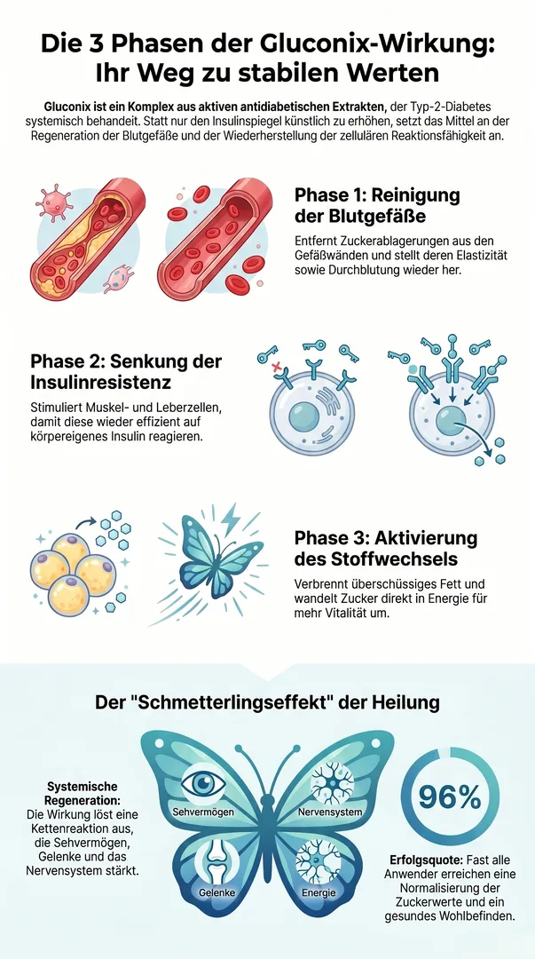 Infografik der 3 Phasen der Gluconix Wirkung: Blutgefäße reinigen, Insulinresistenz senken und Stoffwechsel aktivieren