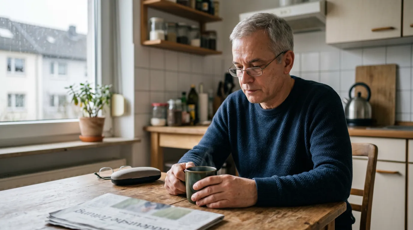 Frustrierter Mann über 50 mit Energiemangel am Küchentisch