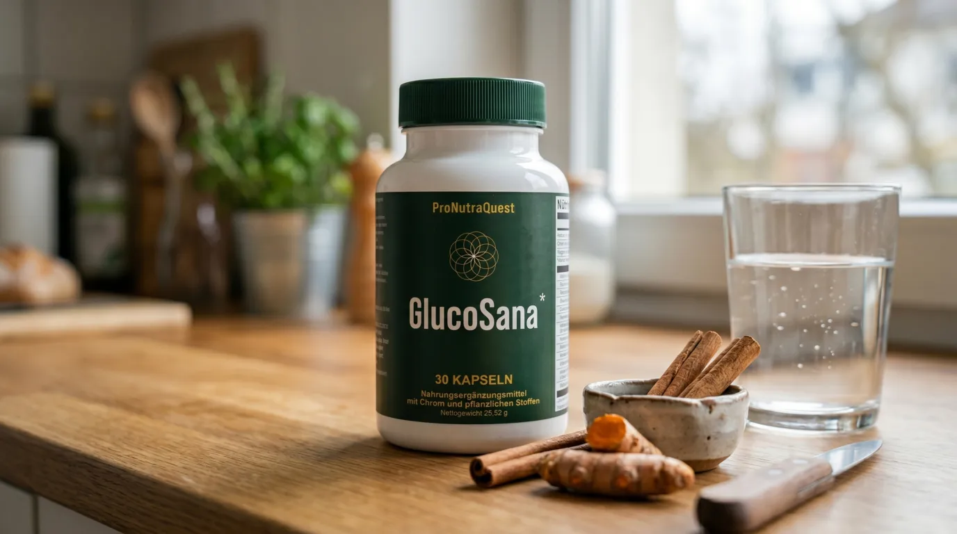 GlucoSana Kapseln auf einem Küchentisch für einen natürlichen Blutzucker-Stoffwechsel