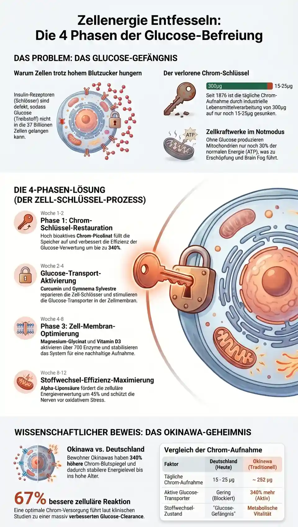 Infografik zur 4-Phasen-Befreiung und dem Glucose-Gefängnis durch GlucoSana