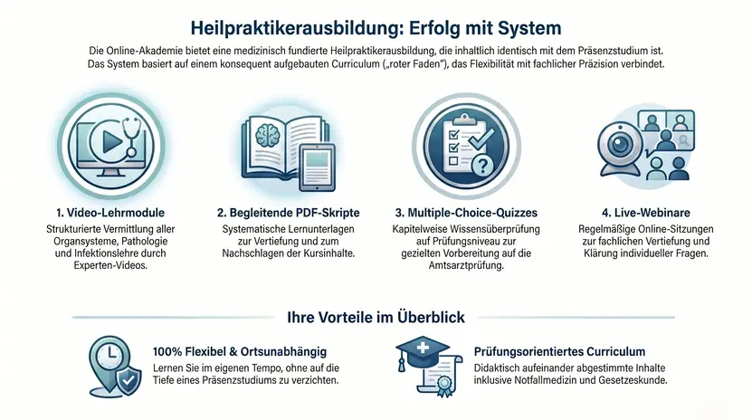 Infografik des durchdachten Ausbildungssystems zur Heilpraktikerprüfung