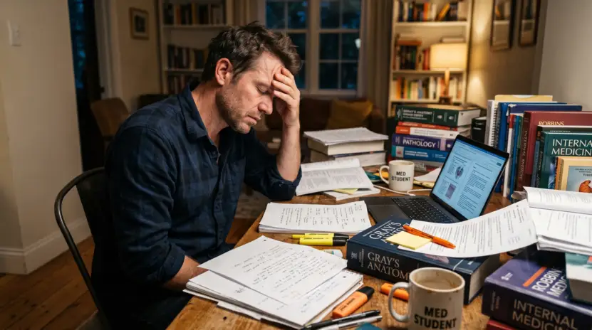 Überforderter Student beim Lernen für die Heilpraktikerprüfung mit zu vielen Büchern