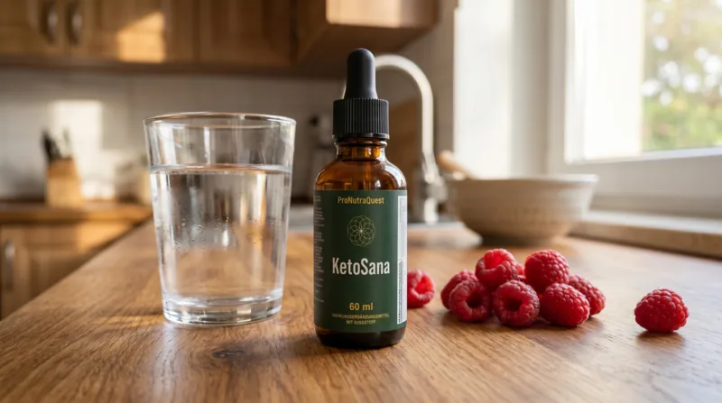 KetoSana Tropfen auf einem Küchentisch für einen natürlichen Stoffwechsel-Boost