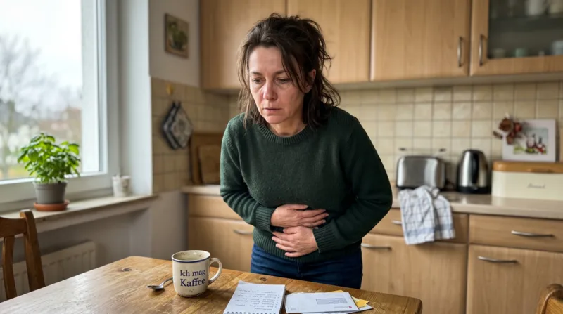 Frustrierte Frau über 40 mit Stressbauch am Küchentisch