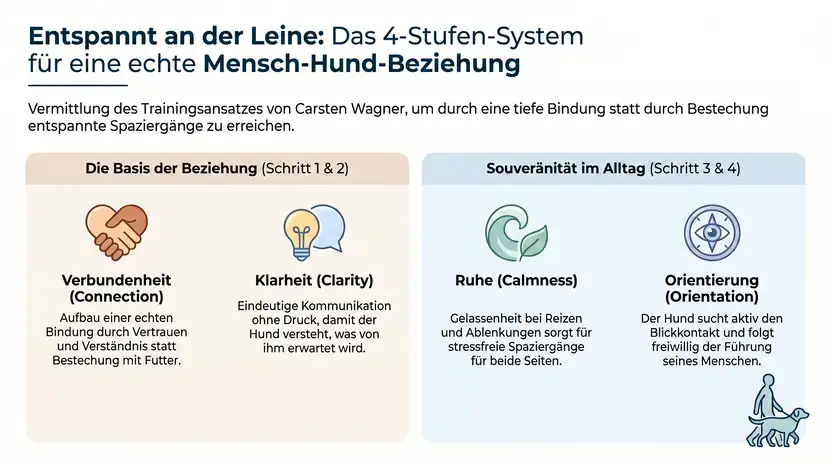 Infografik des 4-Stufen-Systems für entspannte Hundespaziergänge