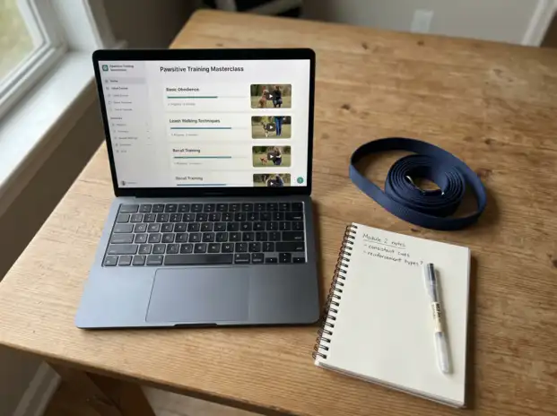 Die Module des Leinentrainings auf einem Laptop neben Hundezubehör