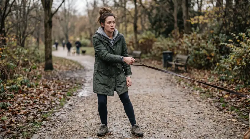Frustrierte Hundehalterin beim stressigen Spaziergang mit ziehendem Hund