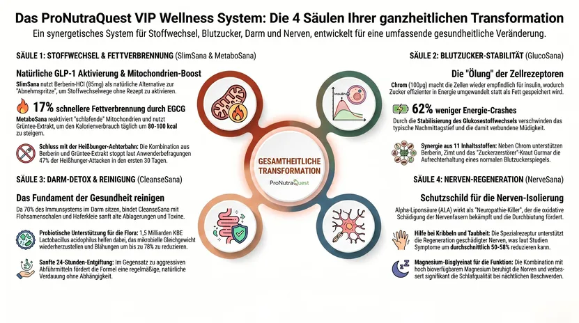 Infografik des ganzheitlichen ProNutraQuest Systems mit 4 Säulen für Stoffwechsel und Darm