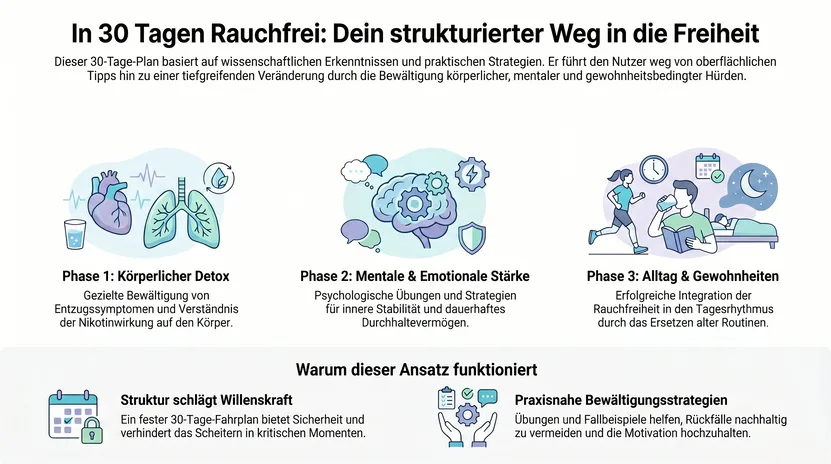 Infografik der drei Phasen zur Rauchfreiheit Körper Geist und Gewohnheit