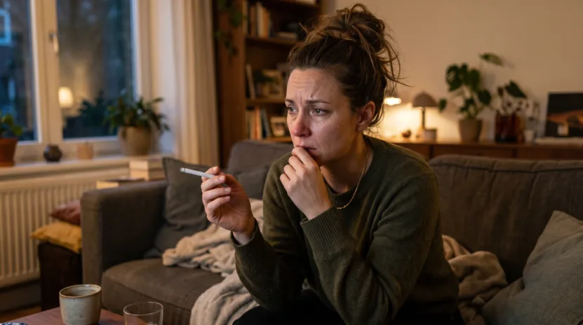 Gestresste Frau kämpft mit dem Verlangen nach einer Zigarette