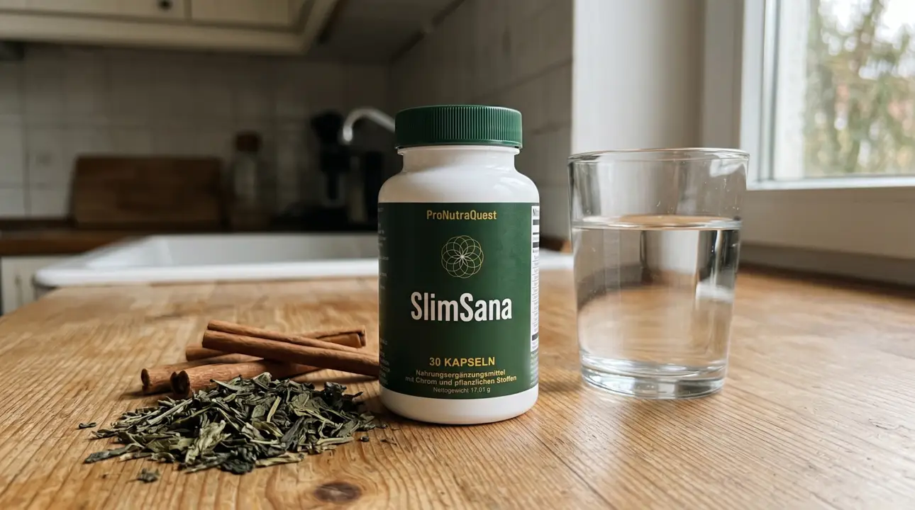 SlimSana Kapseln auf einem Küchentisch als natürliche GLP-1 Alternative