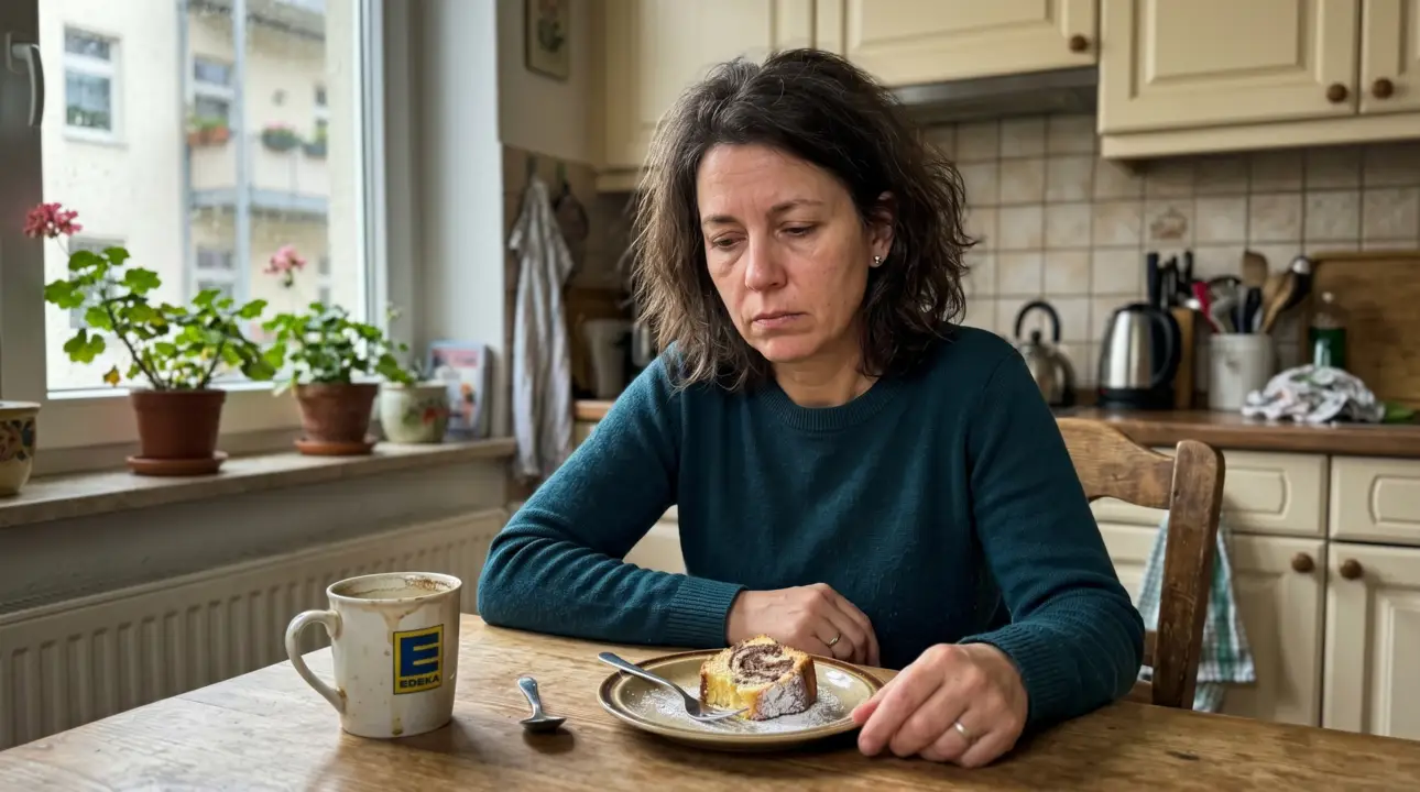 Frustrierte Frau über 40 kämpft mit Heißhunger am Nachmittag