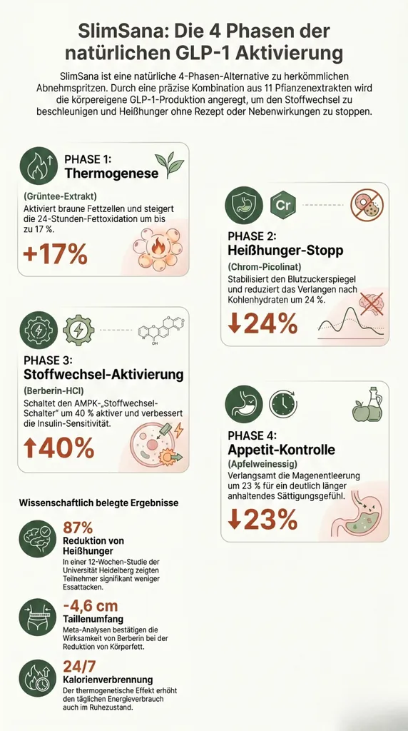 Infografik zur natürlichen GLP-1 Aktivierung und den 4 Phasen von SlimSana