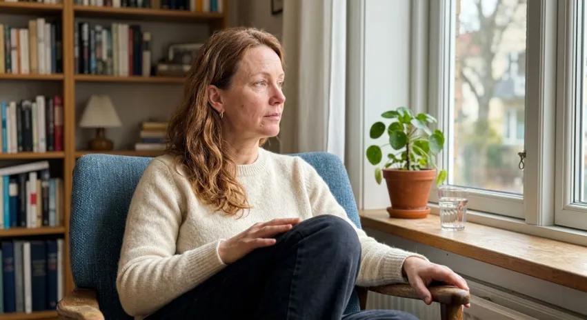 Erschöpfte Frau in den 40ern sitzt nachdenklich am Fenster — innere Leere und Sinnsuche