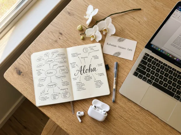 Kursinhalte der Aloha Masterclass: Notizbuch mit hawaiianischen Symbolen, Orchidee und Laptop