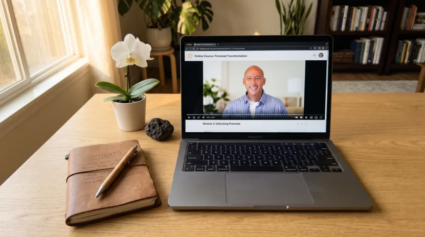 Thomas Young Aloha Masterclass auf einem Laptop auf einem Schreibtisch mit hawaiianischen Elementen