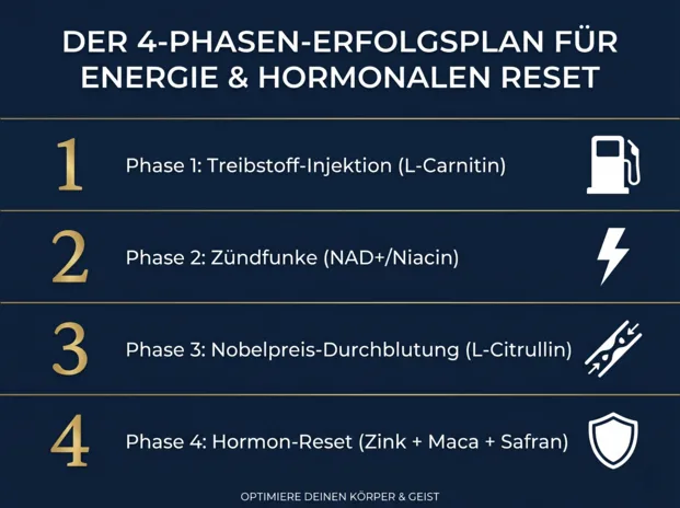 VigorSana 4-Phasen-Infografik: Mitochondriale Reaktivierung, NAD+ Restauration, NO-Synthese, Hormon-Reset