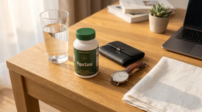 VigorSana Kapseln auf einem Holztisch neben einem Glas Wasser am Morgen