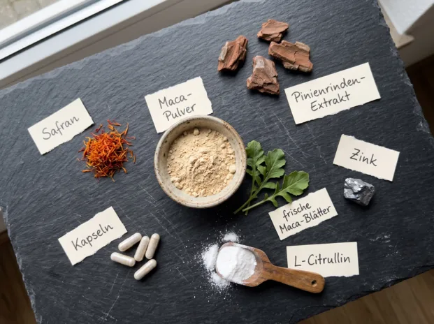 VigorSana natürliche Inhaltsstoffe: L-Citrullin, L-Carnitin, Maca, Safran, Zink, Pinienrinden-Extrakt flat lay