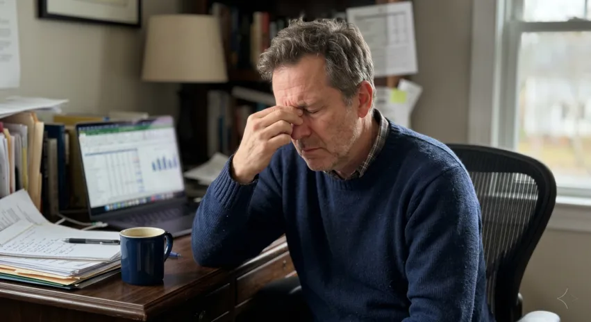 Mann über 50 mit chronischer Müdigkeit und Energiemangel am Schreibtisch – das Bioenergetische Leck