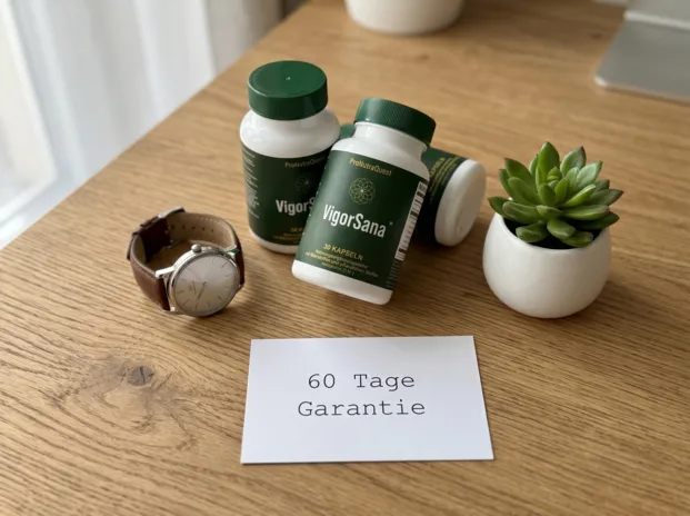 VigorSana Kapselpaket mit 60-Tage-Geld-zurück-Garantie auf einem Holztisch