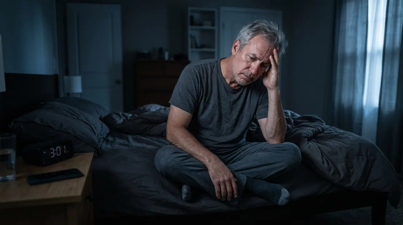 Exhausted older man awake at night struggling with poor sleep and prostate issues