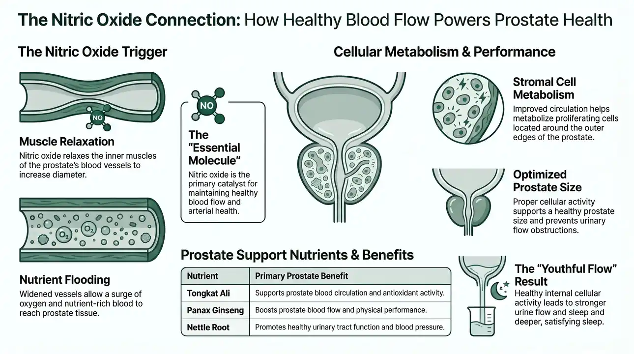 Infographic explaining how nitric oxide supports healthy blood flow and prostate cellular metabolism