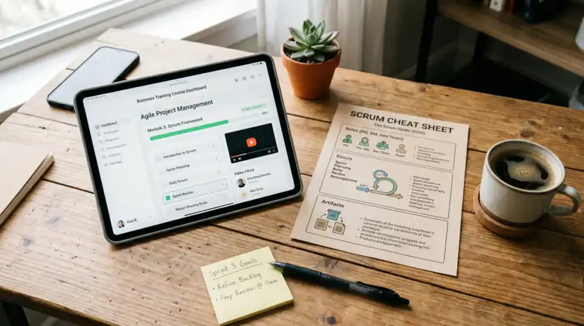 Tablet displaying the Scrum for Non-Tech training course next to sticky notes and a coffee on a desk