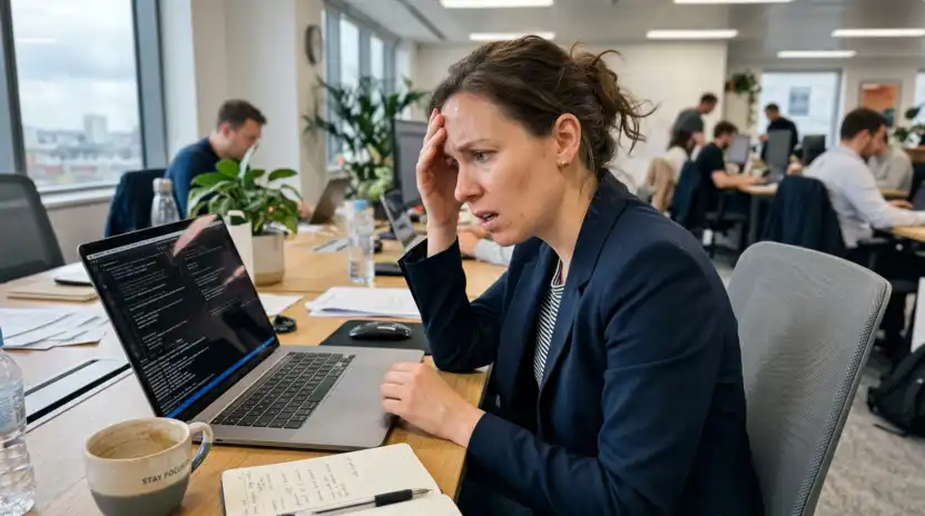 Confused marketing manager feeling overwhelmed during a technical Scrum sprint meeting