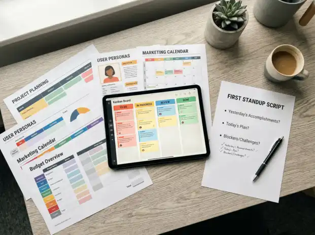 The 10 ready-to-use Scrum templates and standup script printouts on a desk