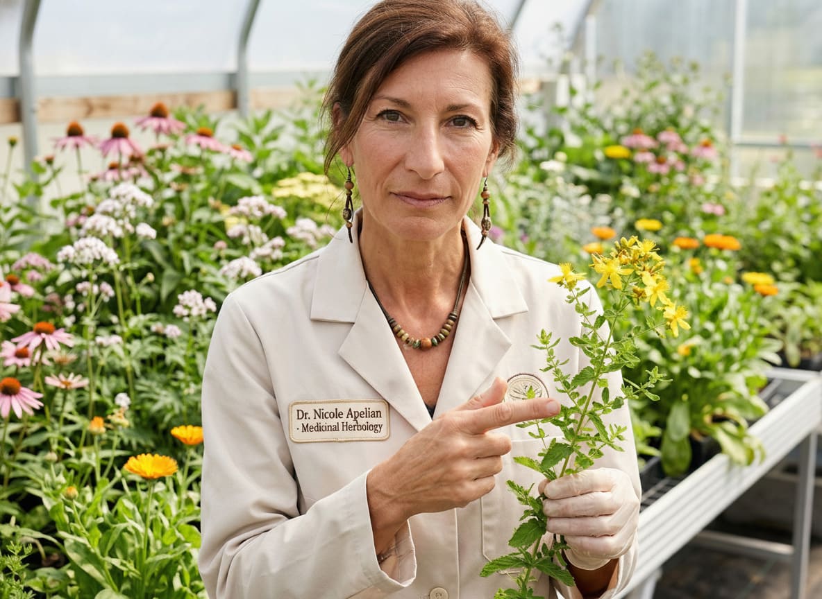 Dr. Nicole Apelian examining a healthy medicinal plant in a greenhouse