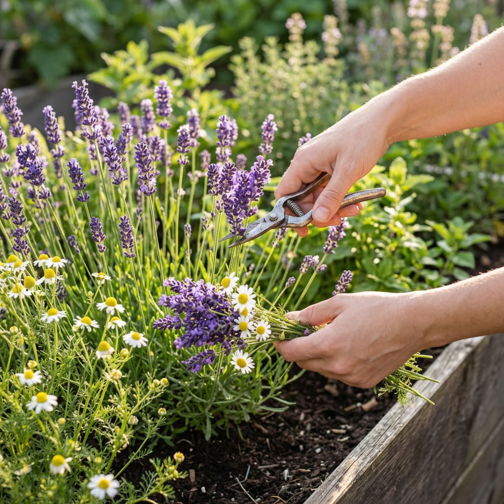Hands gently harvesting fresh medicinal herbs like lavender and chamomile