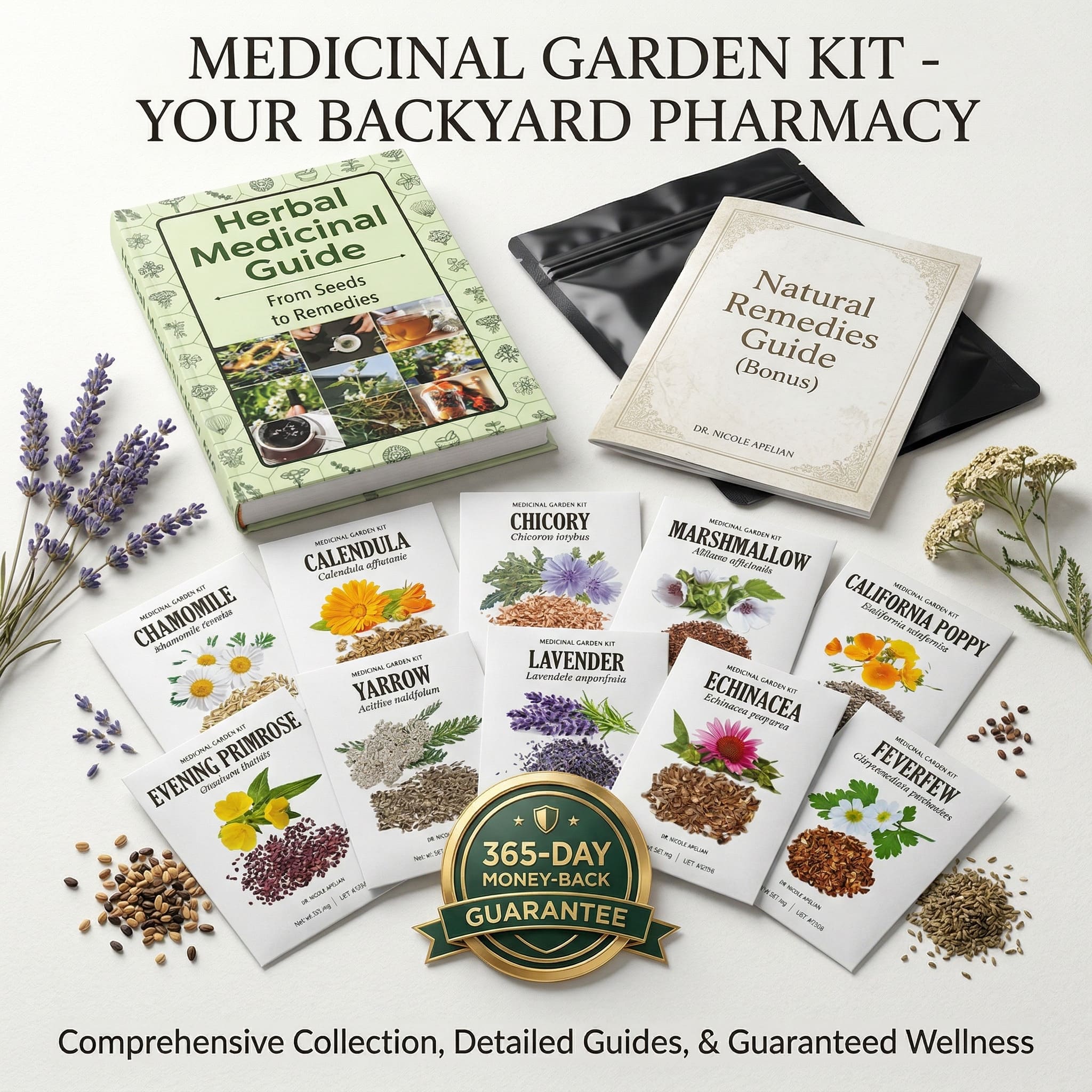 Medicinal Garden Kit bundle showing the book, seeds, and bonus guide