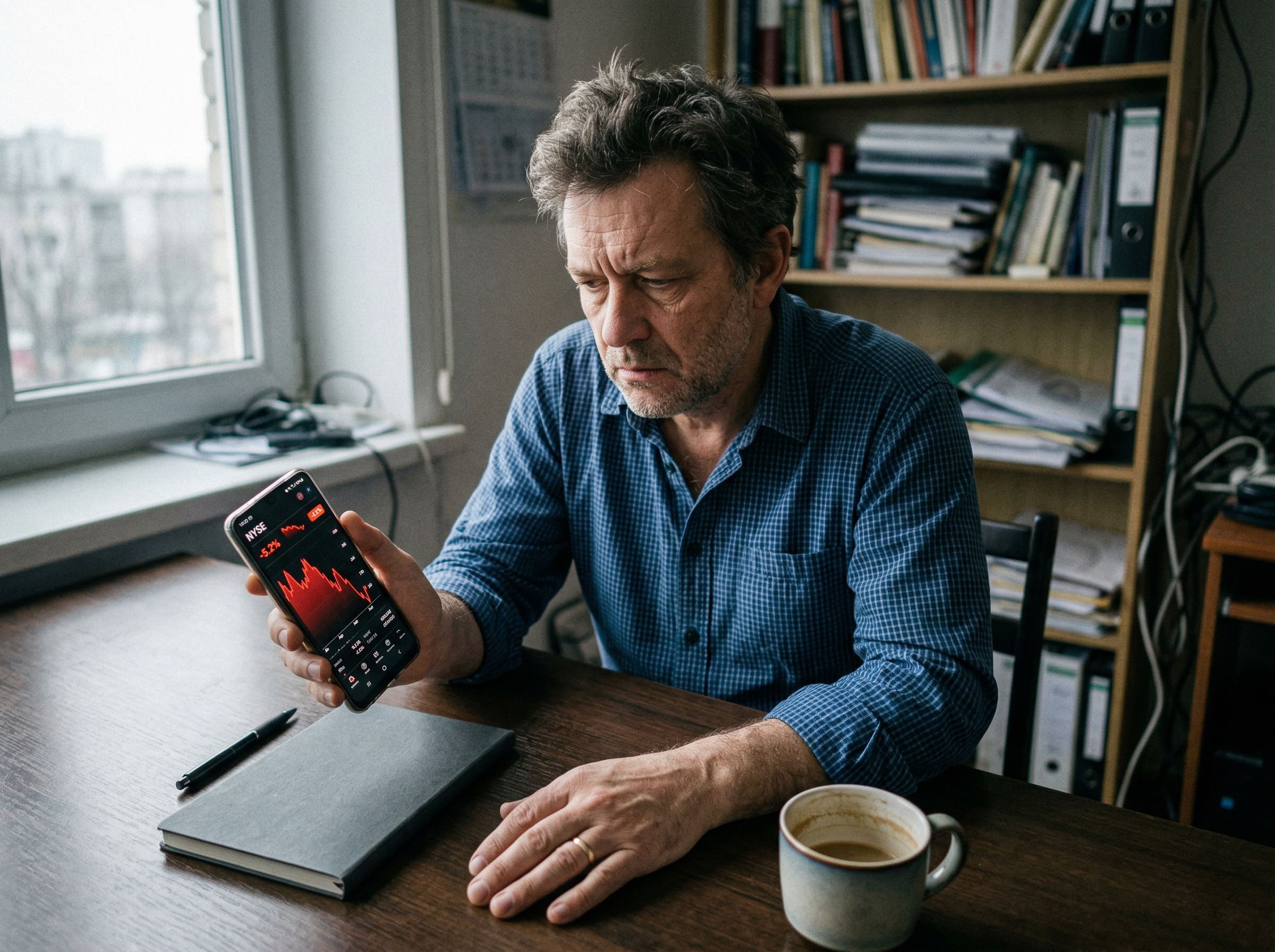Ein frustrierter deutscher Anleger schaut auf rote Aktienkurse auf seinem Smartphone an einem aufgeräumten Tisch