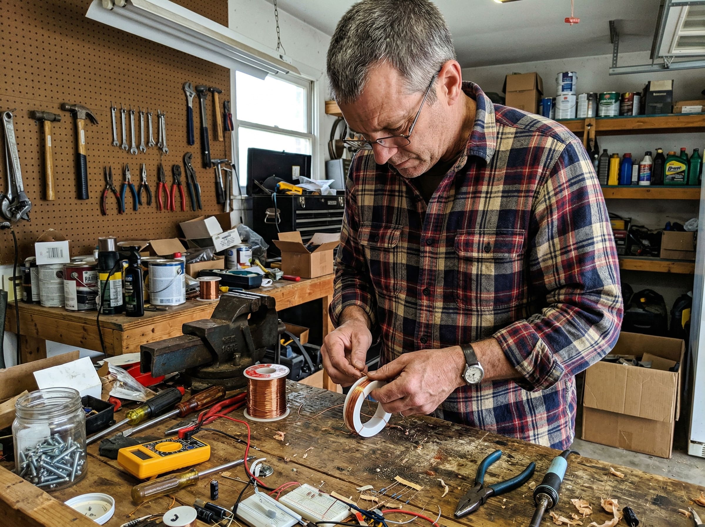 A man building the DIY home power generator using copper wire and basic tools