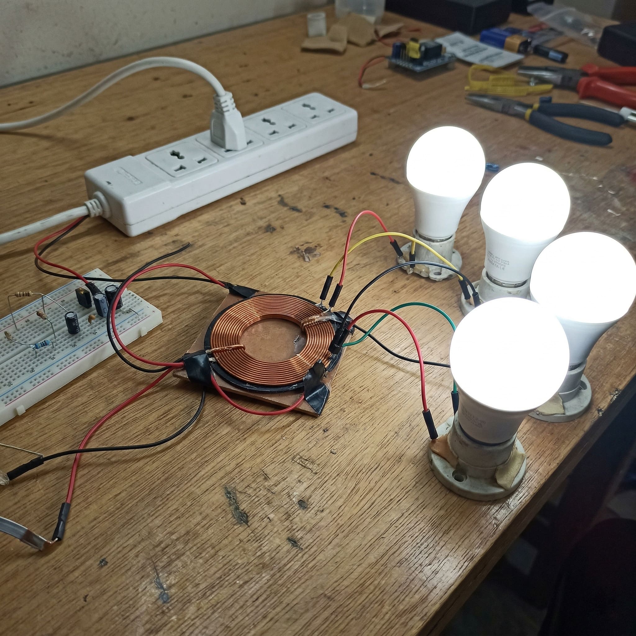 The homemade Energy Revolution System coil successfully powering light bulbs