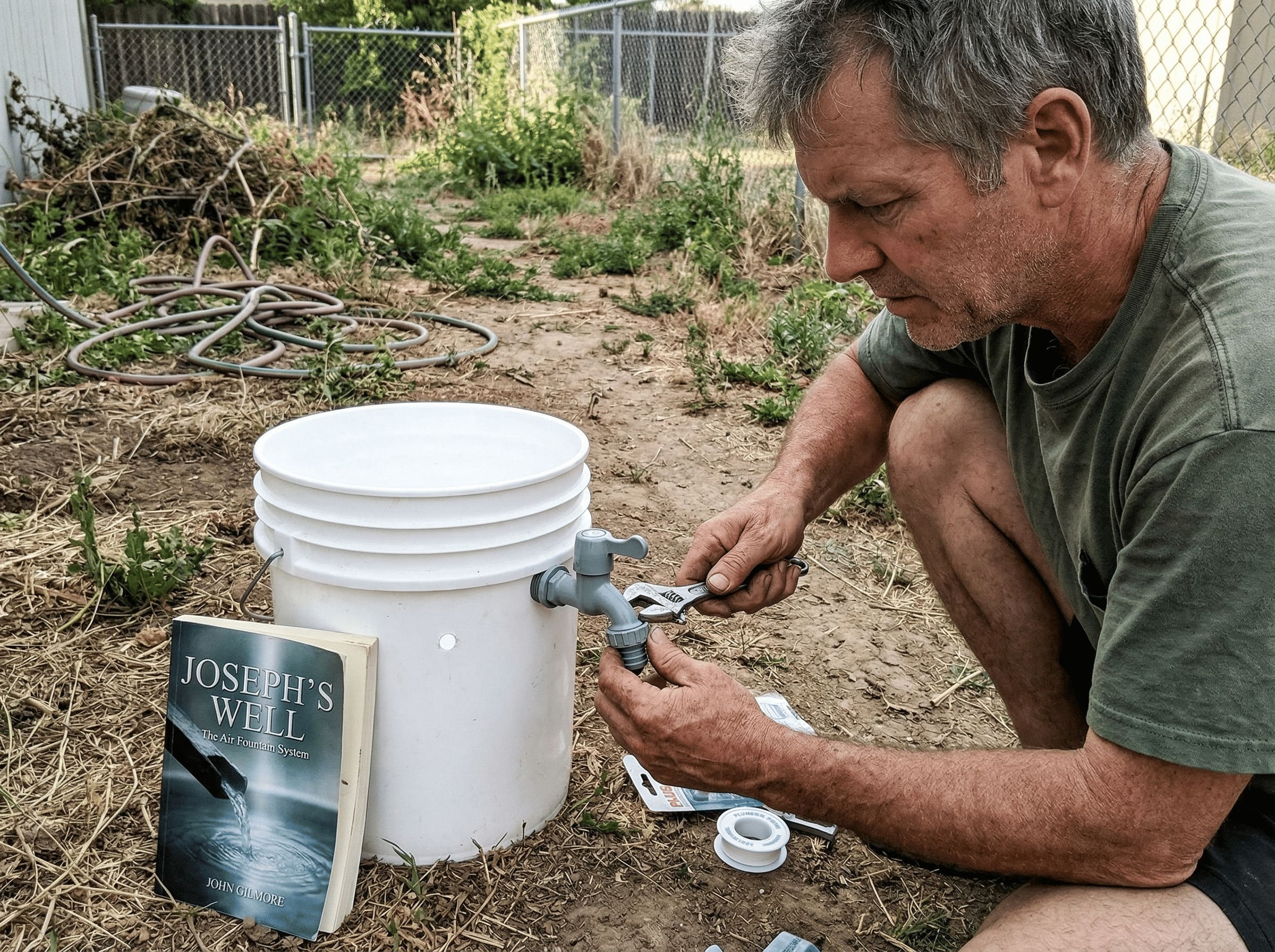 A man building the DIY home water generator described in the Joseph's Well manual using basic parts
